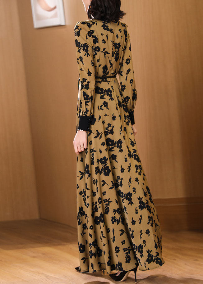 Fashion Peter Pan Collar Print High Waist Tie Waist Chiffon Maxi Dresses Fall 5