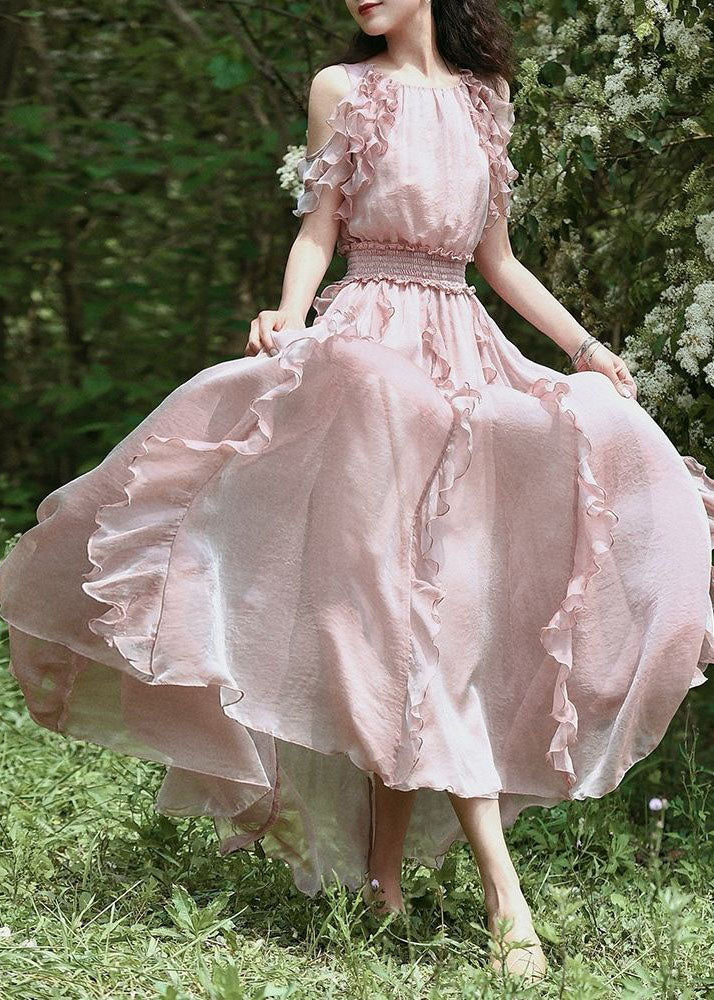 Fashion Pink Ruffled Patchwork Cold Shoulder Chiffon Dress Summer 2