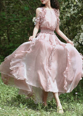 Fashion Pink Ruffled Patchwork Cold Shoulder Chiffon Dress Summer 2