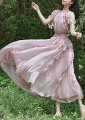 Fashion Pink Ruffled Patchwork Cold Shoulder Chiffon Dress Summer 3