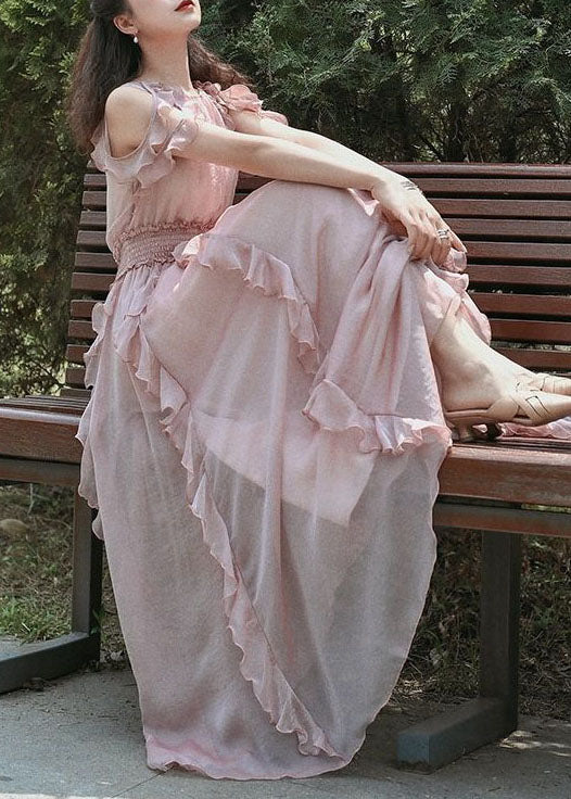 Fashion Pink Ruffled Patchwork Cold Shoulder Chiffon Dress Summer 4