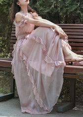 Fashion Pink Ruffled Patchwork Cold Shoulder Chiffon Dress Summer 4