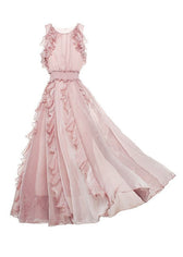 Fashion Pink Ruffled Patchwork Cold Shoulder Chiffon Dress Summer 5