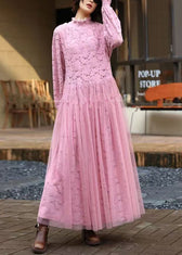 Fashion Pink Ruffled Tulle Patchwork Lace Long Dress Spring