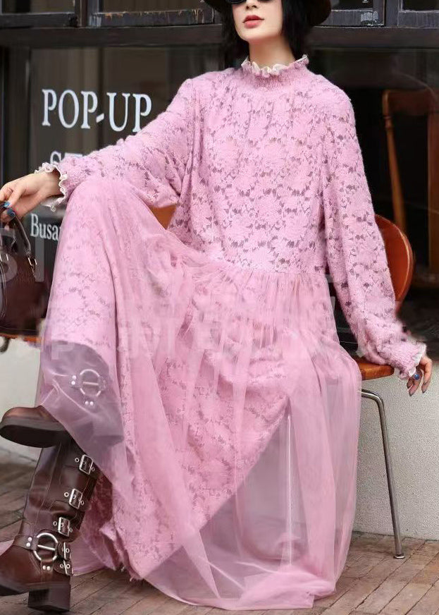 Fashion Pink Ruffled Tulle Patchwork Lace Long Dress Spring 3