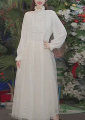 Fashion Pink Ruffled Tulle Patchwork Lace Long Dress Spring 4
