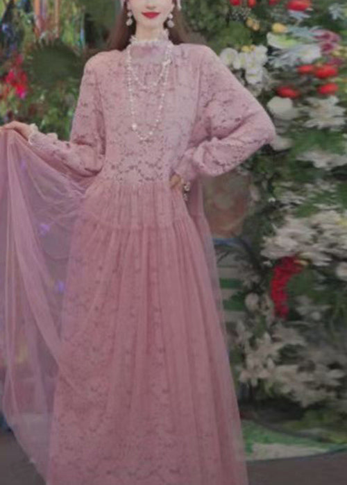 Fashion Pink Ruffled Tulle Patchwork Lace Long Dress Spring 5