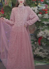 Fashion Pink Ruffled Tulle Patchwork Lace Long Dress Spring 5
