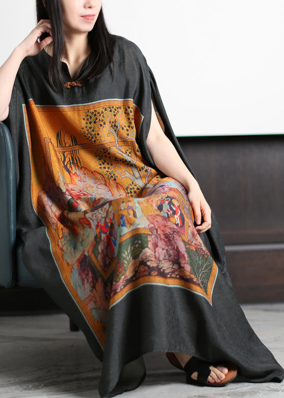 Graphic Panel Print Frog Button Batwing Sleeve Oversized Kaftan Maxi Dress
