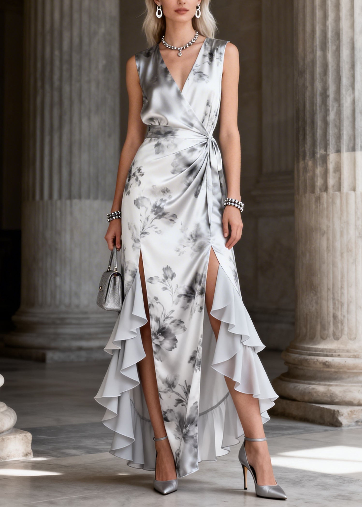 Fashion Print Ruffled Asymmetrical Patchwork Silk Maxi Dresses Summer - View 5