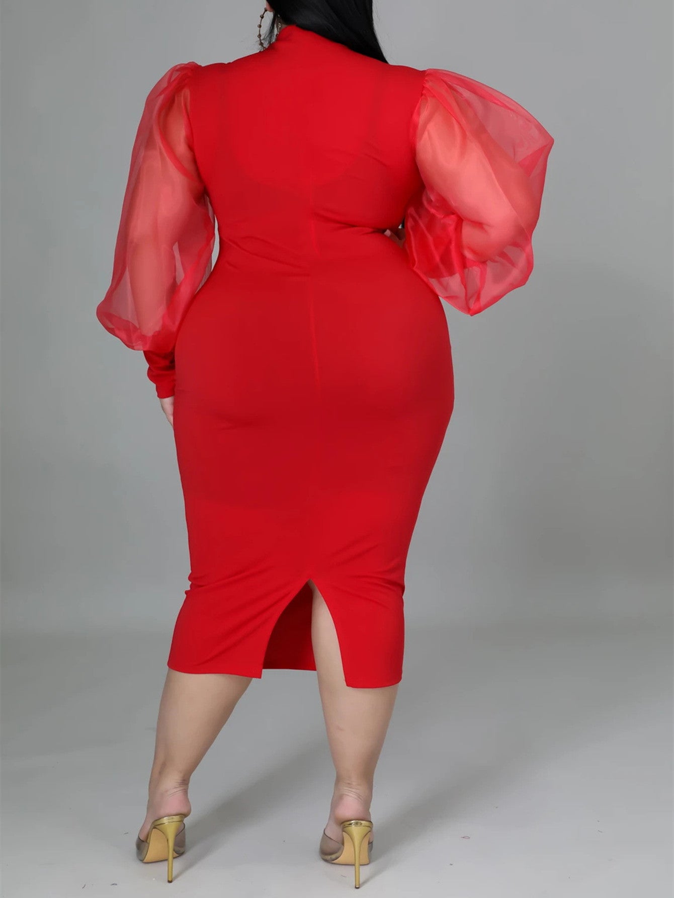 Fashion Puff Sleeve Plus Size Party Midi Dress