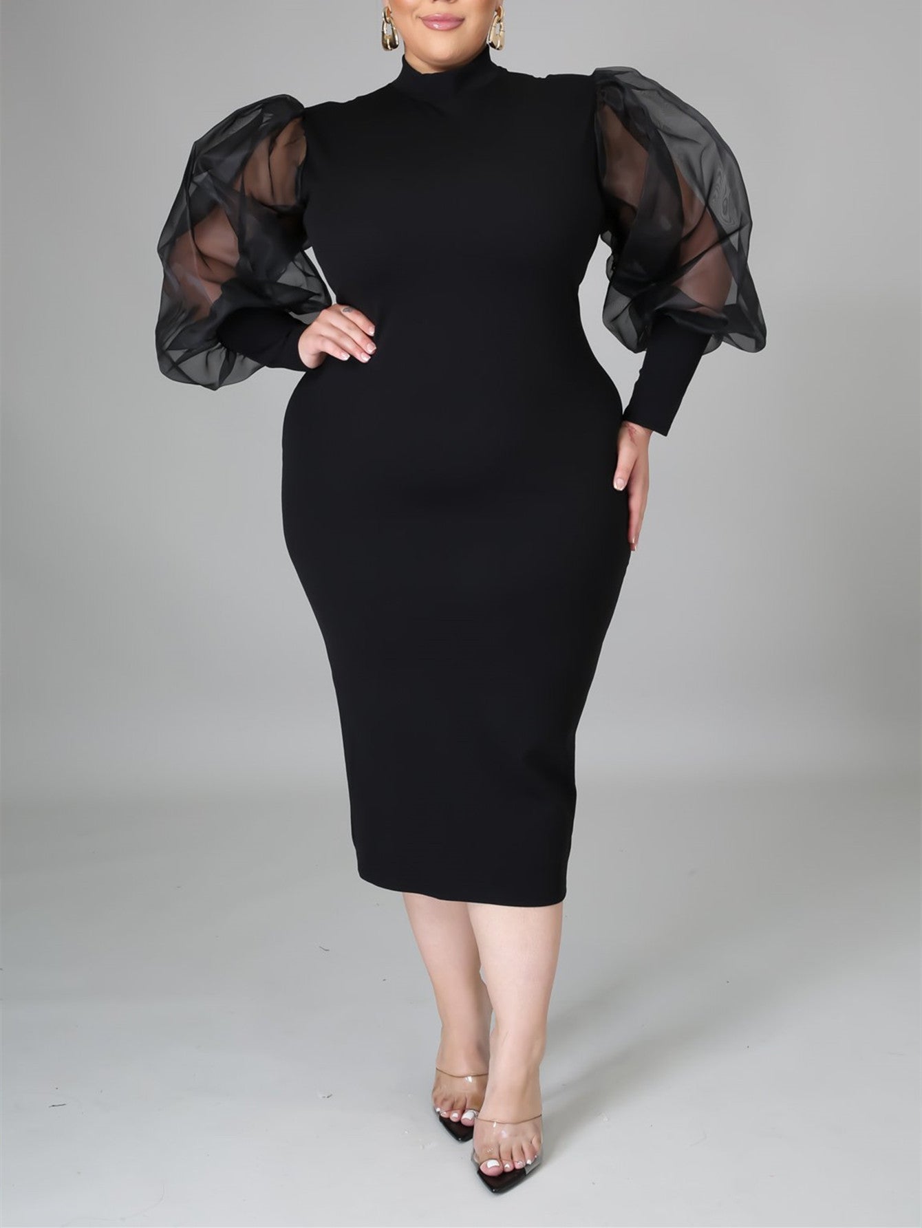 Fashion Puff Sleeve Plus Size Party Midi Dress