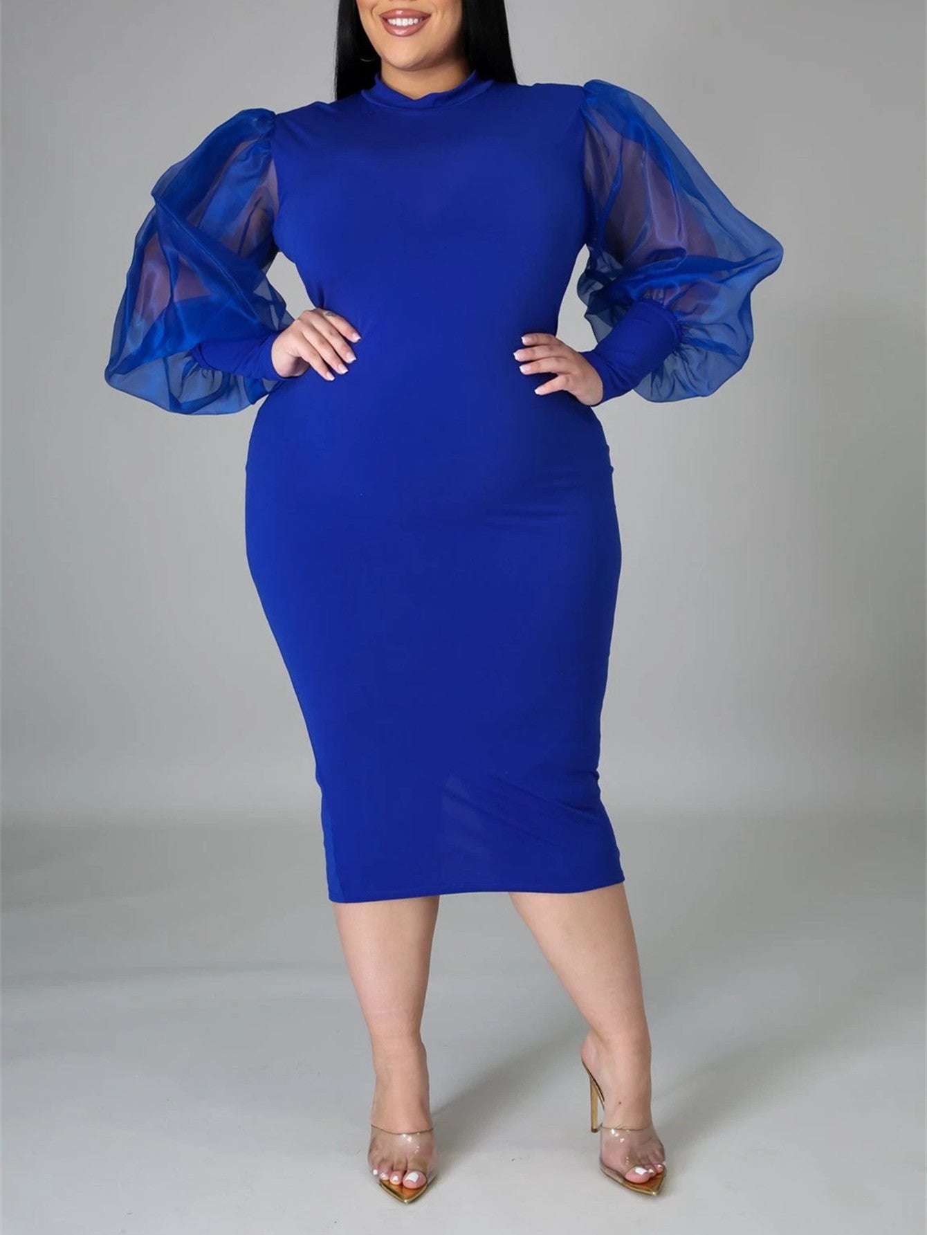 Fashion Puff Sleeve Plus Size Party Midi Dress