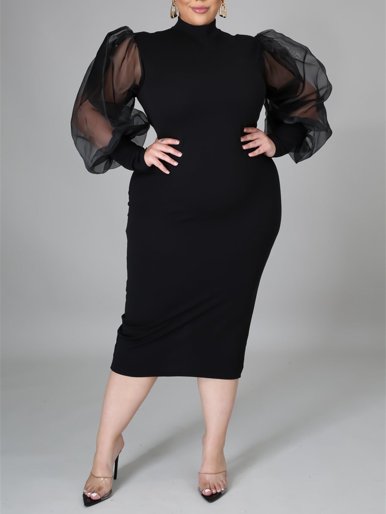 Fashion Puff Sleeve Plus Size Party Midi Dress