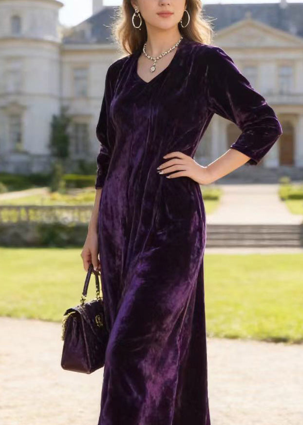 Velvet V-Neck Three Quarter Sleeve Relaxed A-Line Maxi Dress