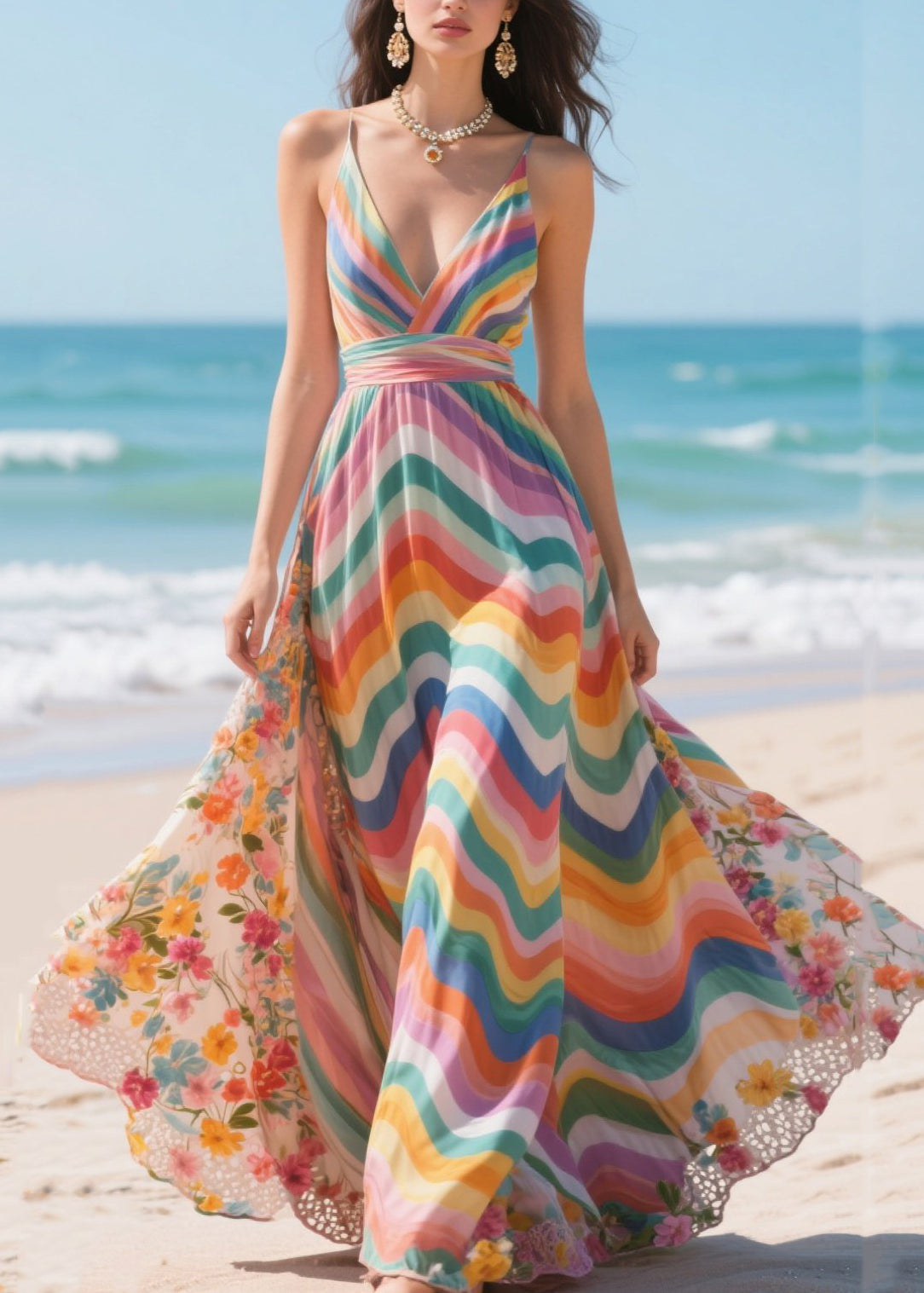 Fashion Rainbow Patchwork Exra Large Hem Chiffon Mini Dress Summer - View 3
