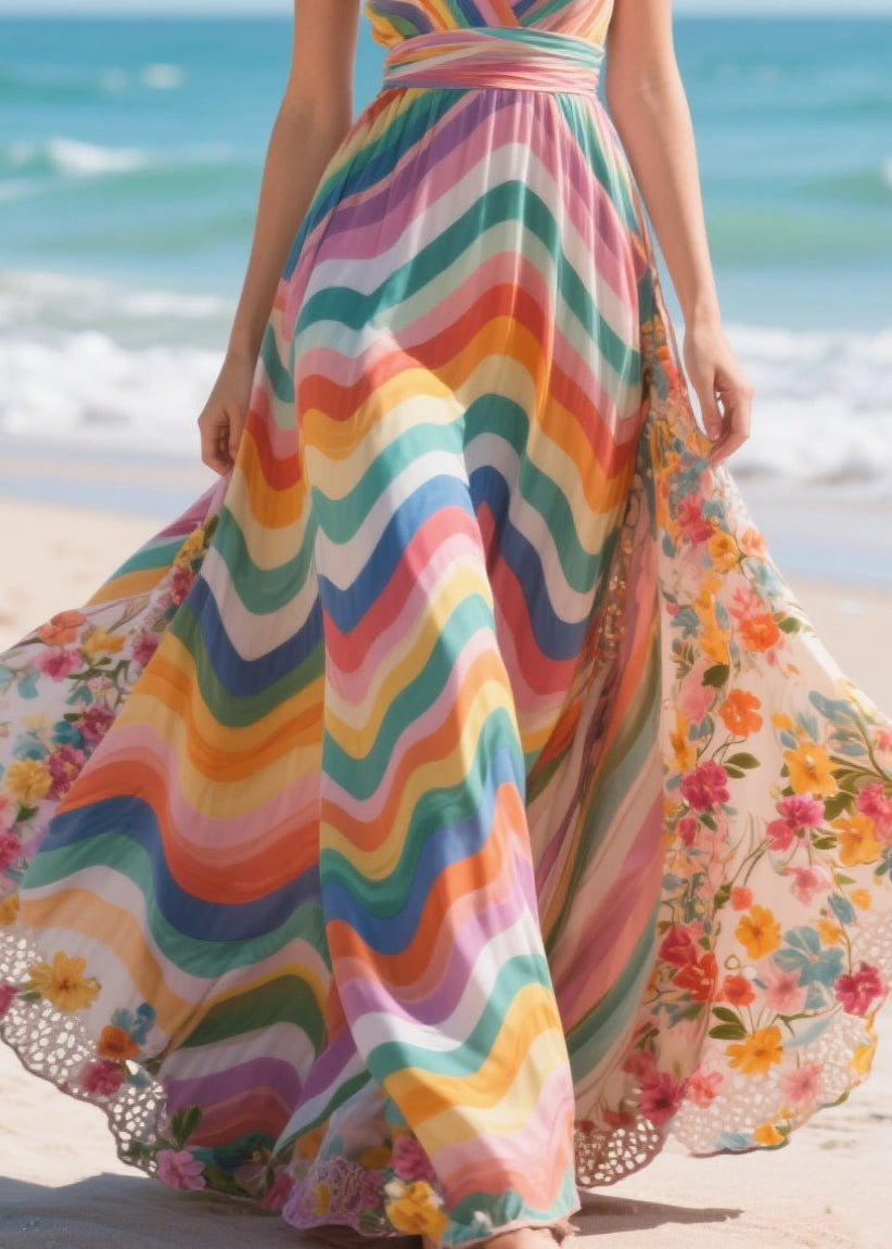 Fashion Rainbow Patchwork Exra Large Hem Chiffon Mini Dress Summer - View 4