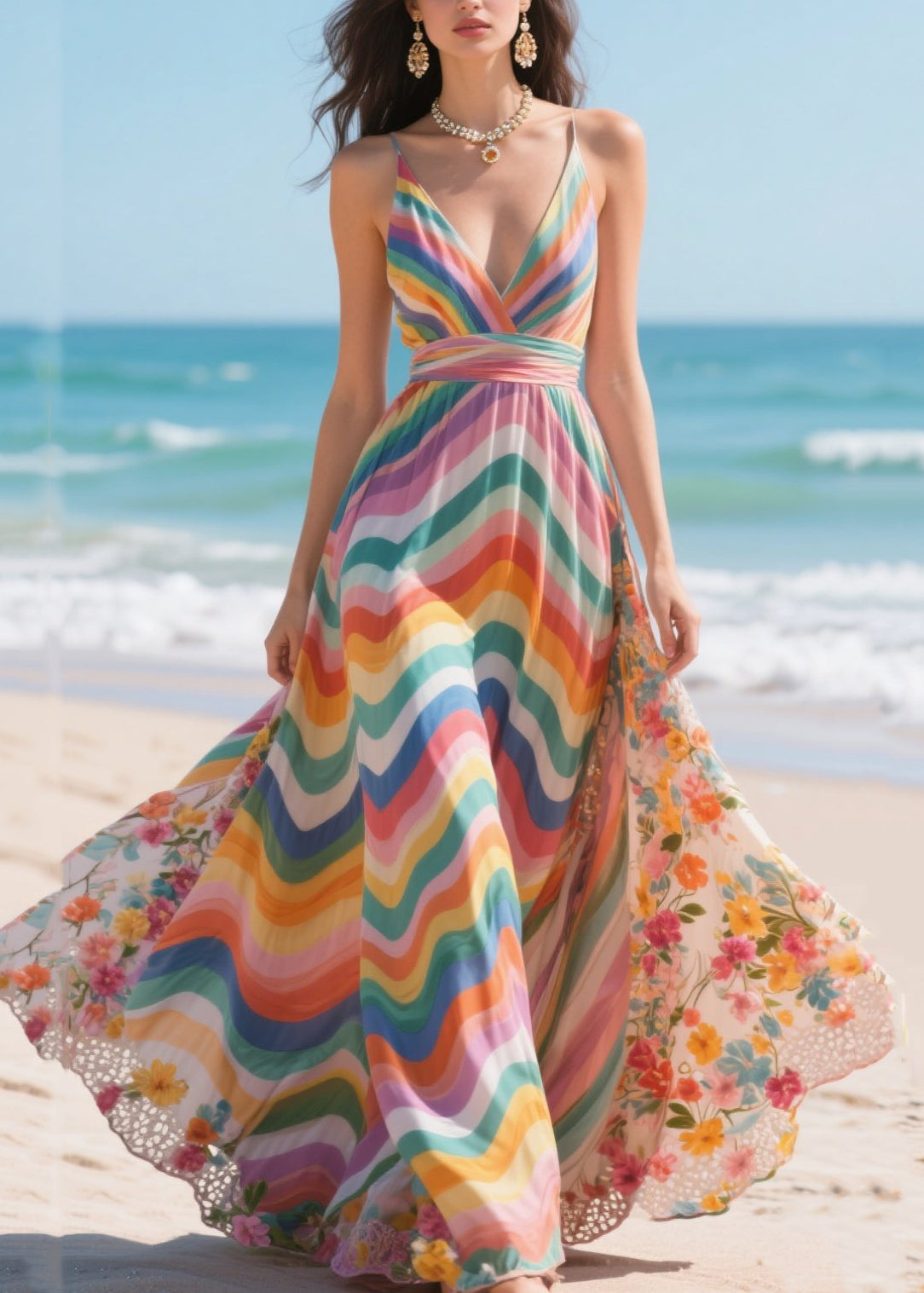 Fashion Rainbow Patchwork Exra Large Hem Chiffon Mini Dress Summer - View 5
