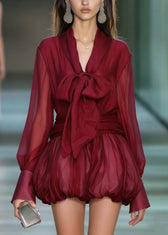 Fashion Red Lace Up Patchwork Chiffon Mini Dress Spring