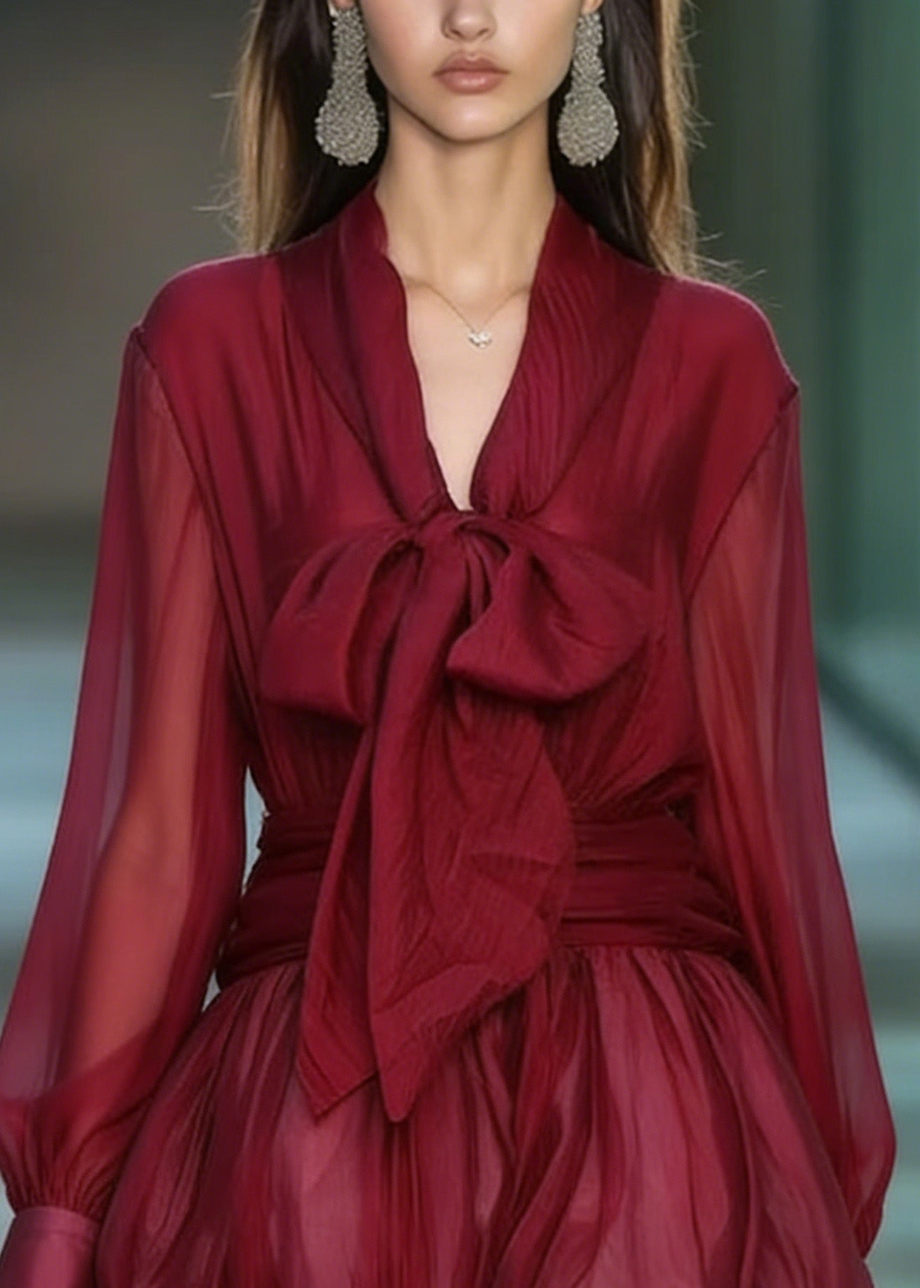Fashion Red Lace Up Patchwork Chiffon Mini Dress Spring 2
