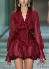 Fashion Red Lace Up Patchwork Chiffon Mini Dress Spring 3