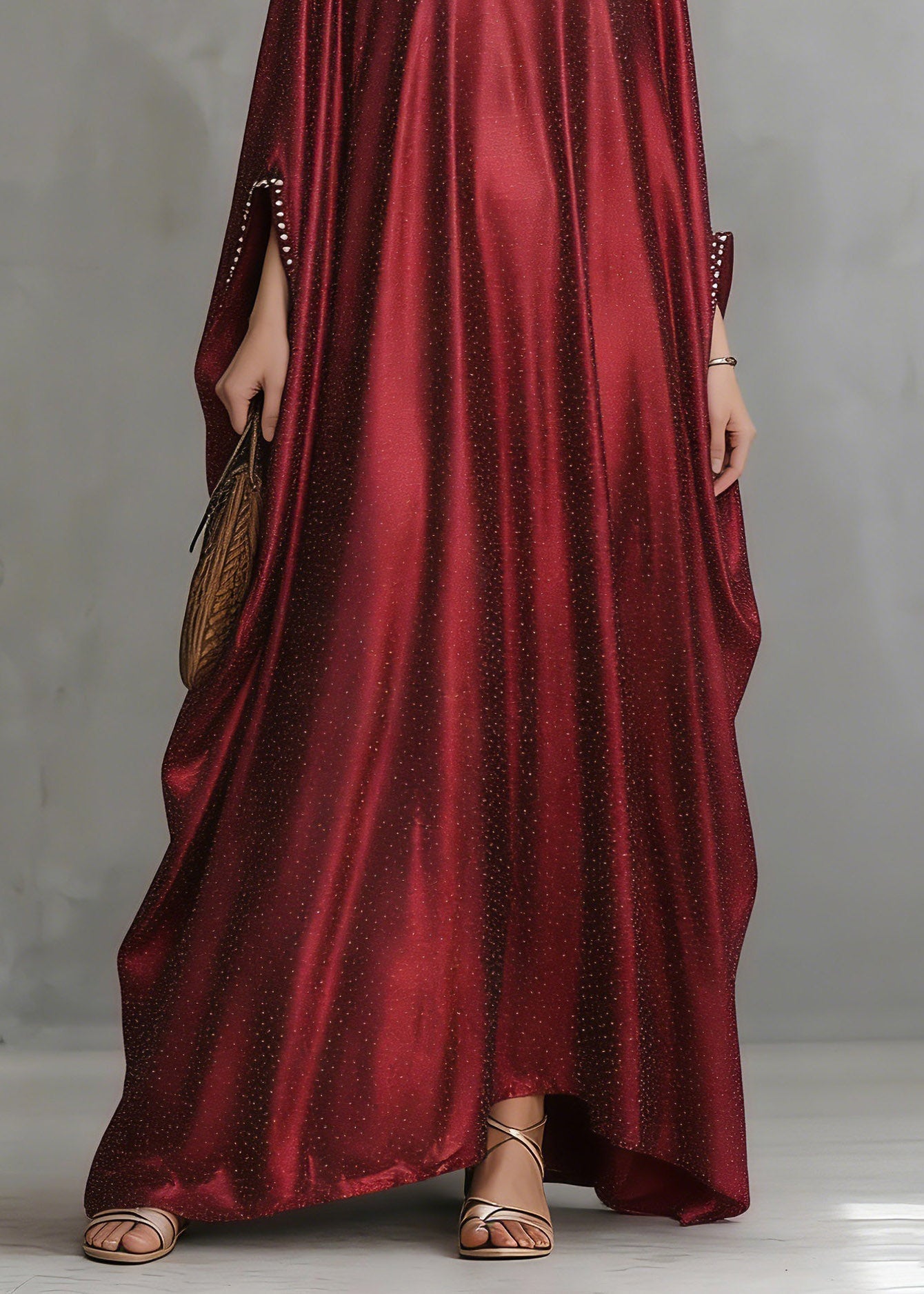 Satin Pearl Trim Cape Sleeve Glitter Kaftan Maxi Gown