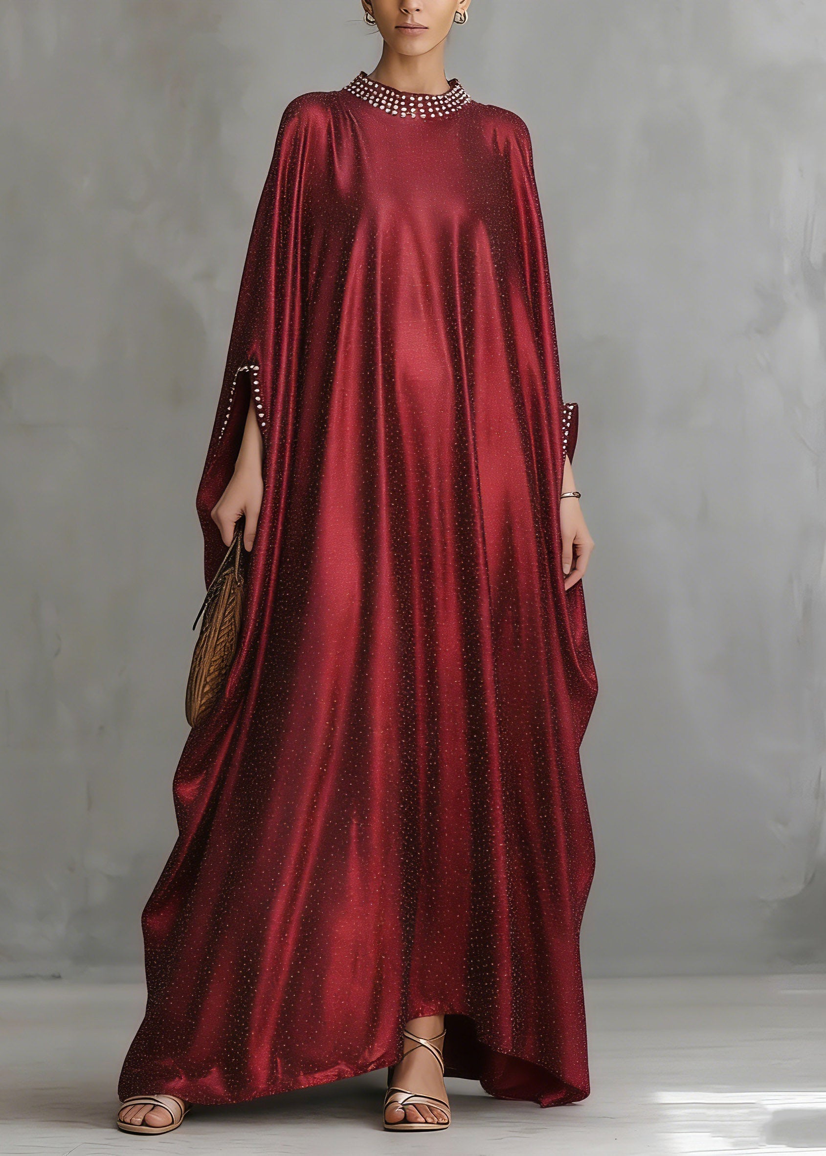 Satin Pearl Trim Cape Sleeve Glitter Kaftan Maxi Gown