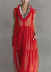 Fashion Red Ruffled Patchwork Chiffon Long Dress Sleeveless 2
