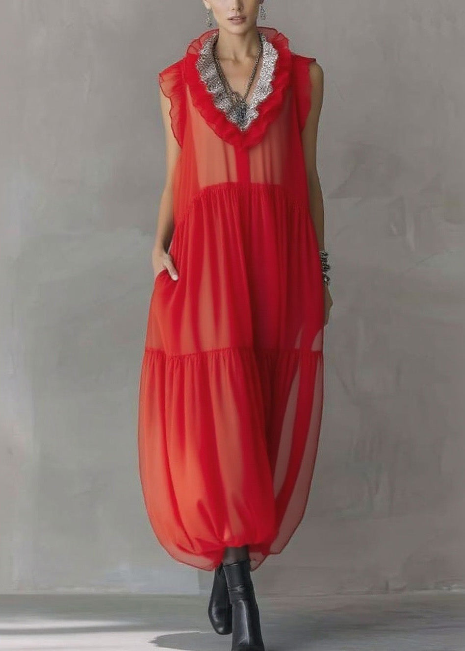 Fashion Red Ruffled Patchwork Chiffon Long Dress Sleeveless 3