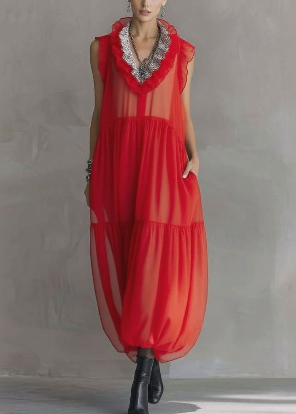 Fashion Red Ruffled Patchwork Chiffon Long Dress Sleeveless 5