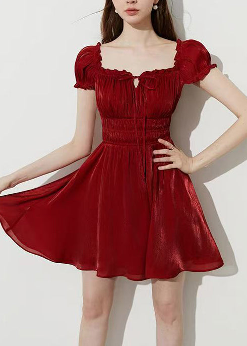 Smocked Waist Square Neck Tie Front Puff Sleeve Crinkle Texture A-Line Mini Dress
