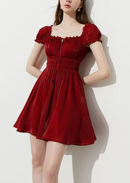 Smocked Waist Square Neck Tie Front Puff Sleeve Crinkle Texture A-Line Mini Dress