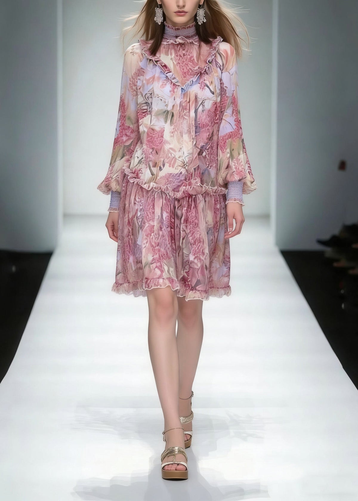 Floral Print Ruffle Stand Collar Long Sleeve Drop Waist Mini Dress