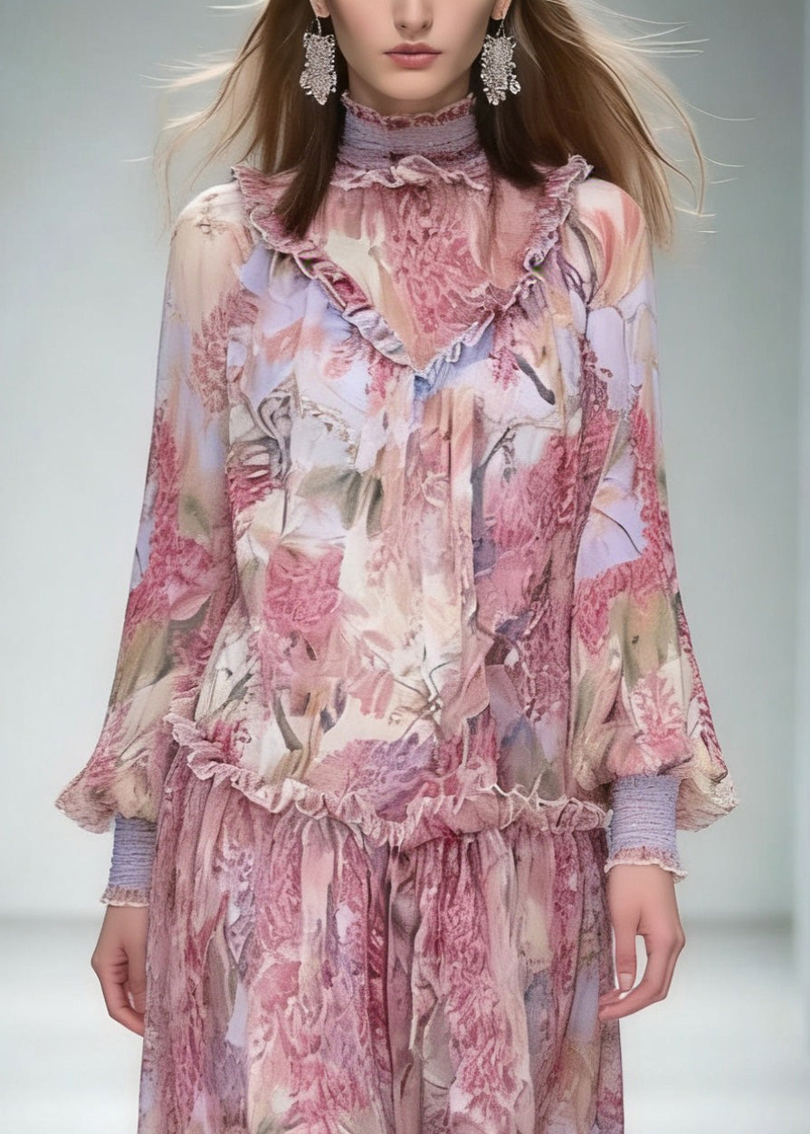 Fashion Red Stand Collar Ruffled Print Chiffon Dress Long Sleeve 2