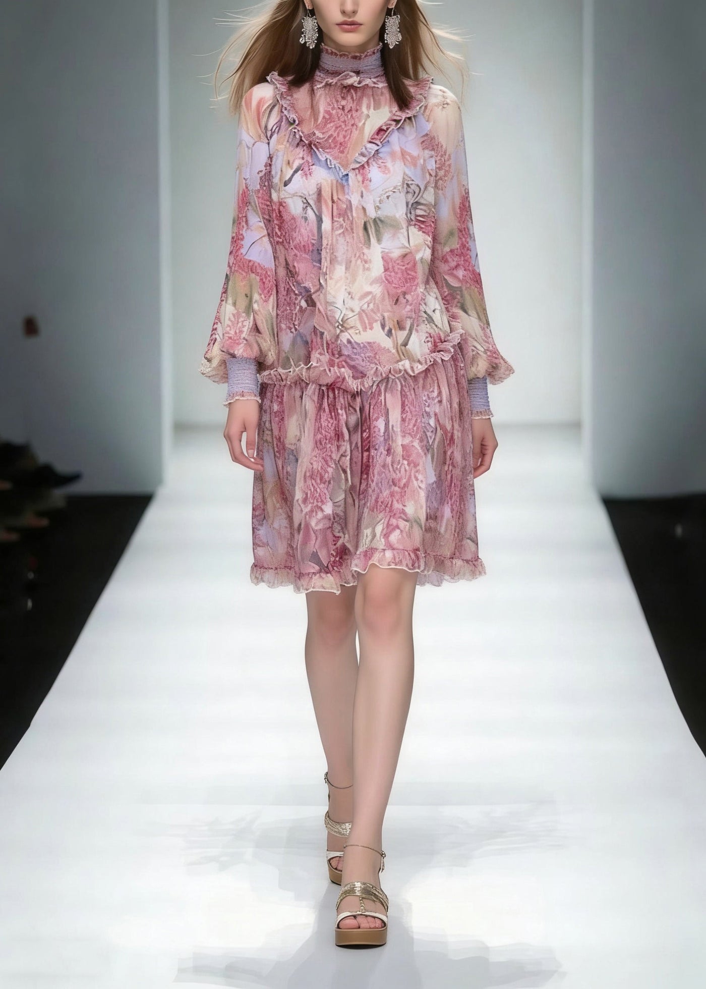 Fashion Red Stand Collar Ruffled Print Chiffon Dress Long Sleeve 3