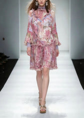 Fashion Red Stand Collar Ruffled Print Chiffon Dress Long Sleeve 3