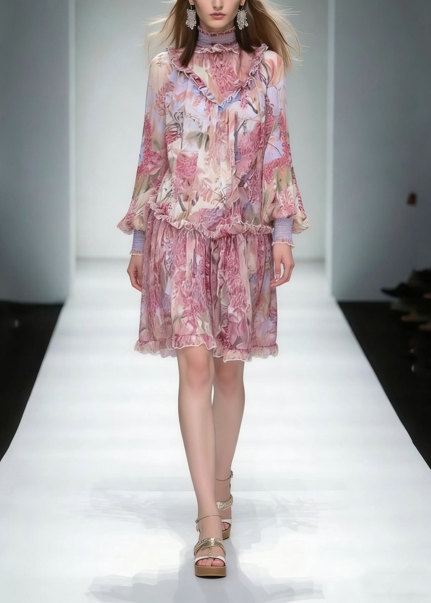 Fashion Red Stand Collar Ruffled Print Chiffon Dress Long Sleeve 5