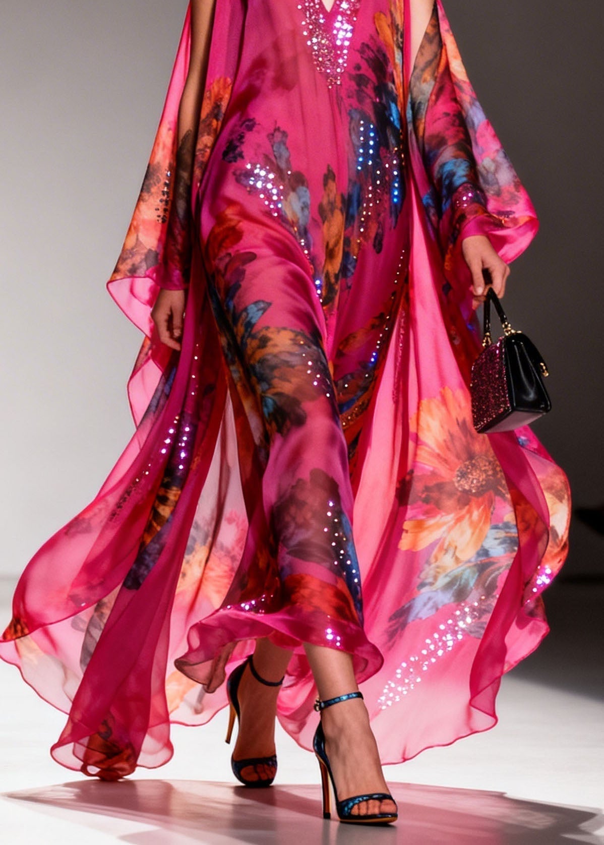 Floral Print Sequin Trim Deep V-Neck Sheer Cape Overlay Chiffon Maxi Gown