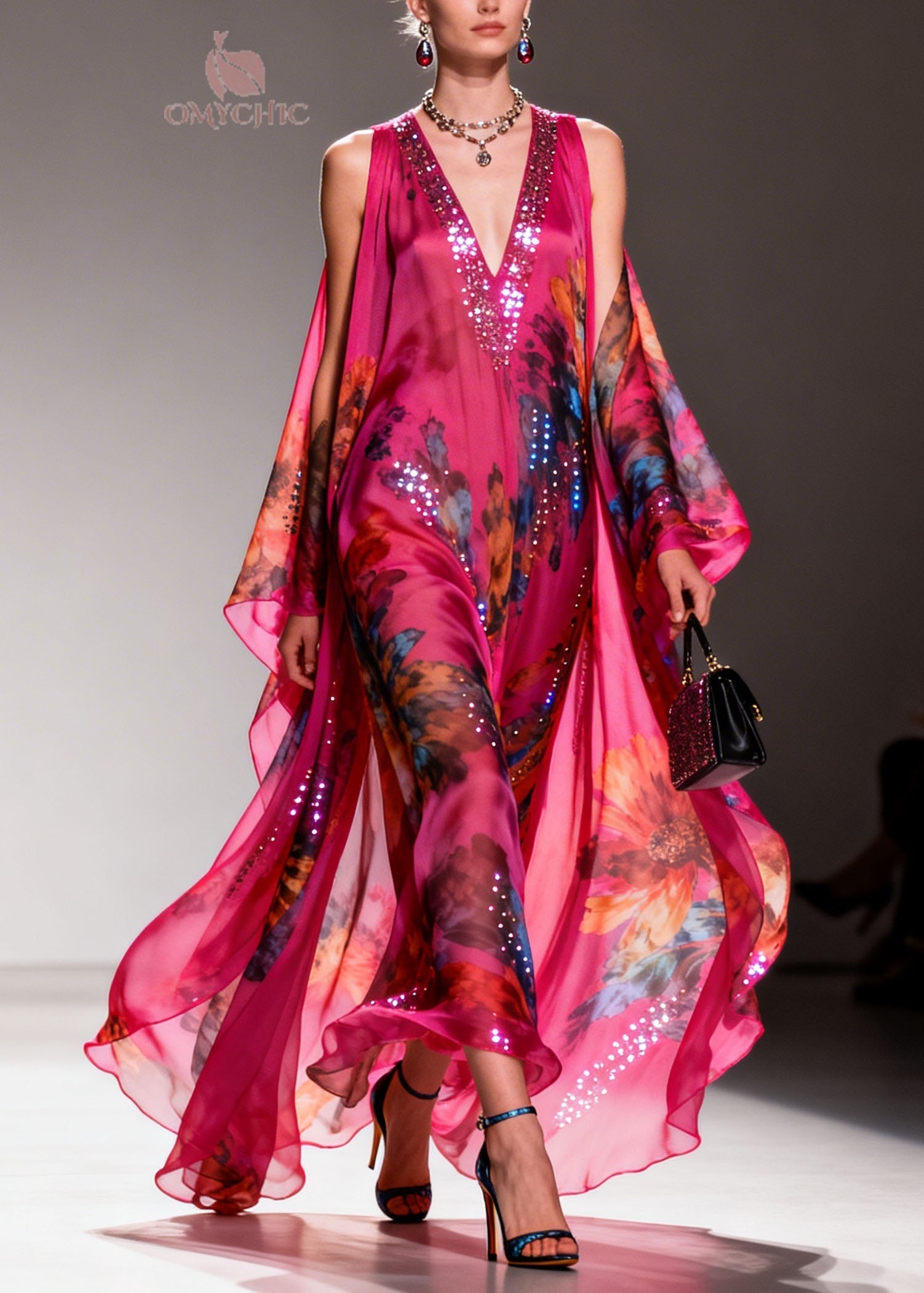 Fashion Rose Cold Shoulder Zircon Print Chiffon Long Dress Summer