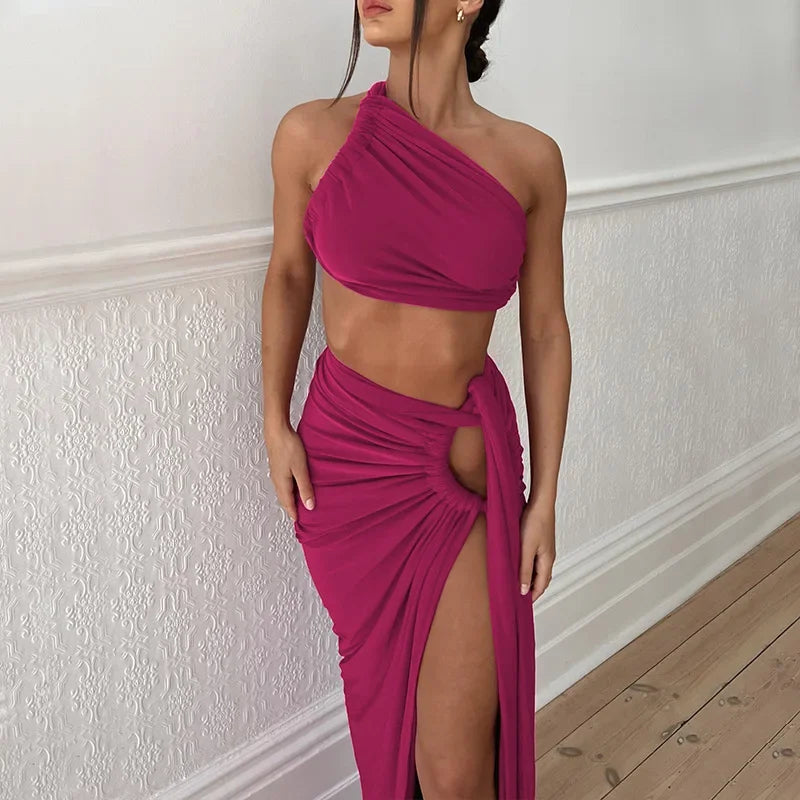 One Shoulder Ruched Crop Top and Cut Out High Split Maxi Skirt Two Piece Set 7