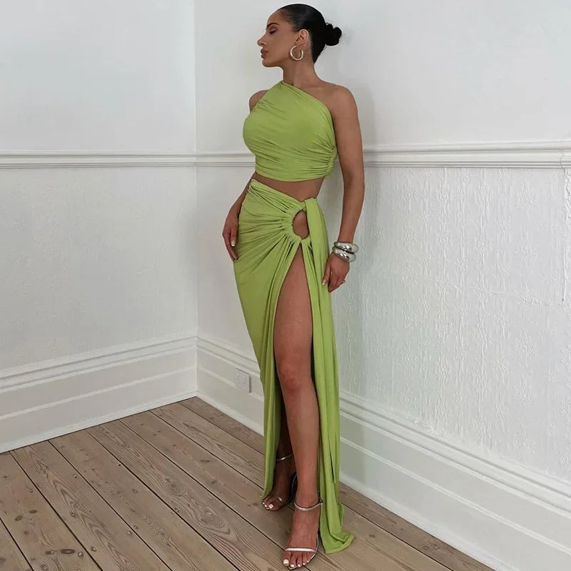 One Shoulder Ruched Crop Top and Cut Out High Split Maxi Skirt Two Piece Set 6