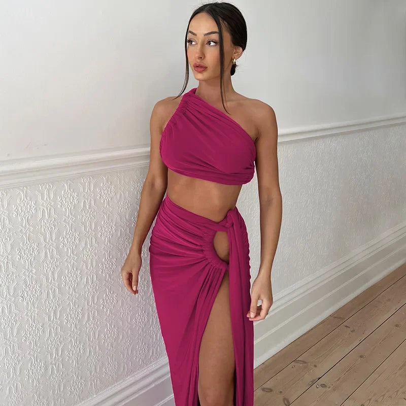 One Shoulder Ruched Crop Top and Cut Out High Split Maxi Skirt Two Piece Set 3