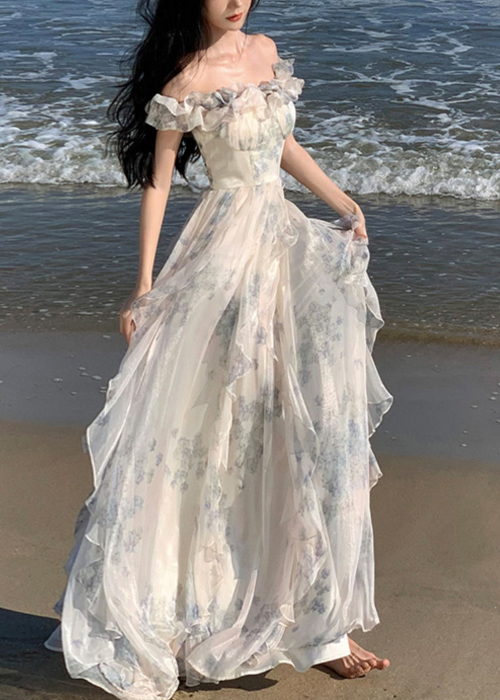 Floral Chiffon Off Shoulder Ruffle Trim Flowy Maxi Dress
