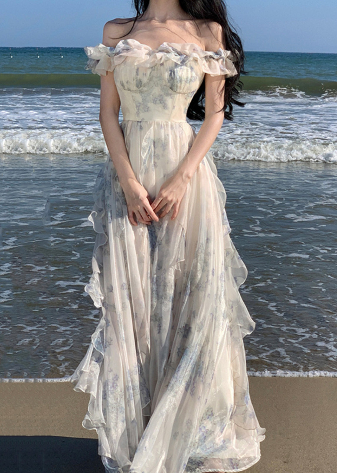 Fashion Ruffled Print Patchwork Chiffon Long Dresses Summer 2