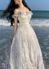 Fashion Ruffled Print Patchwork Chiffon Long Dresses Summer 3