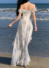 Fashion Ruffled Print Patchwork Chiffon Long Dresses Summer 4