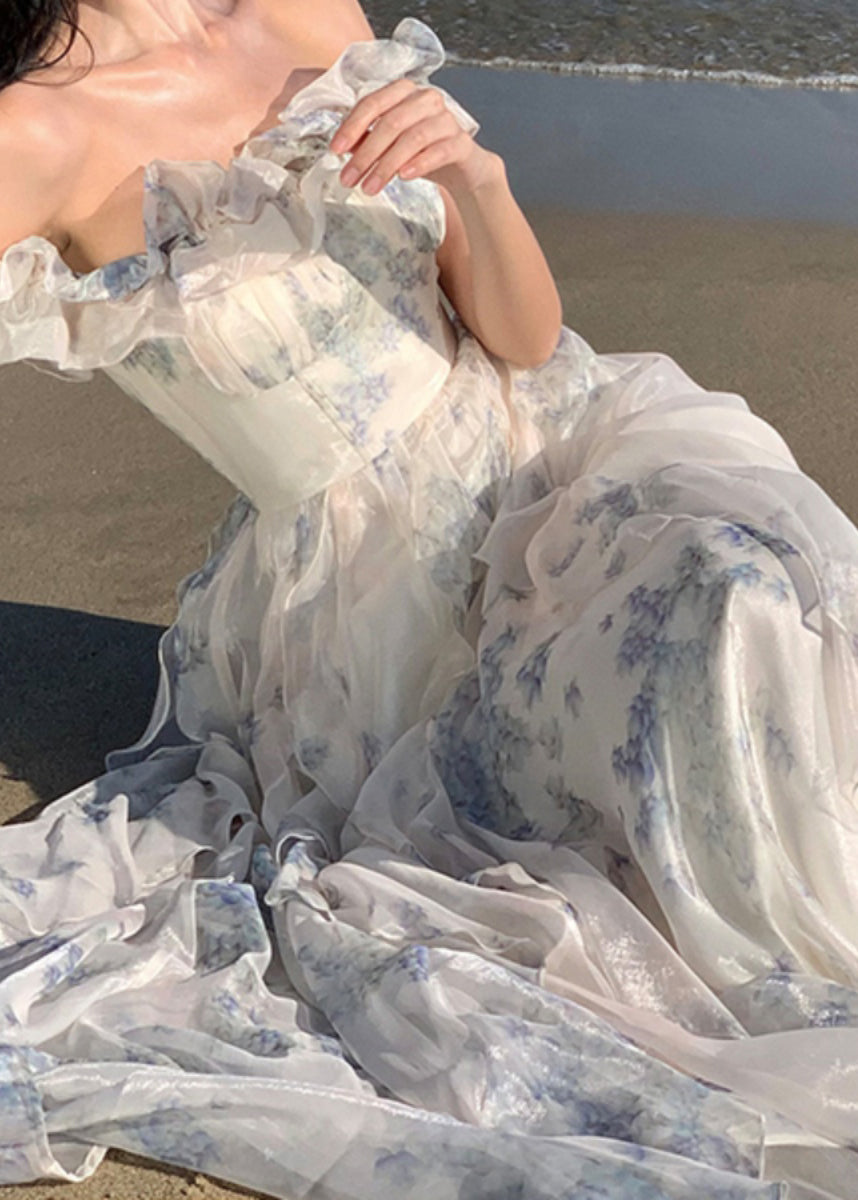 Fashion Ruffled Print Patchwork Chiffon Long Dresses Summer 5