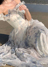 Fashion Ruffled Print Patchwork Chiffon Long Dresses Summer 5