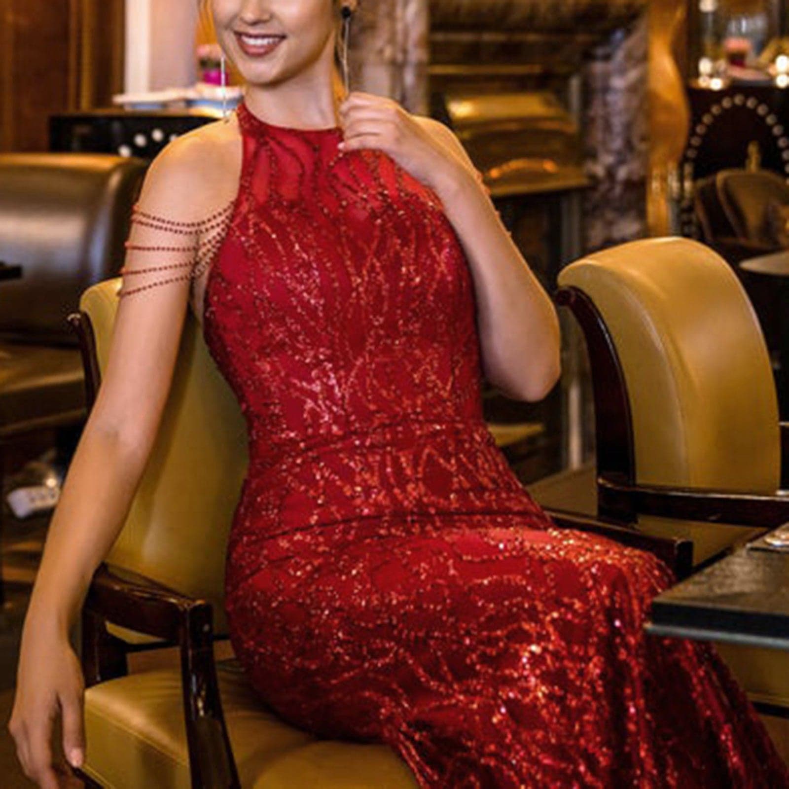 Sequin Halter Neck Beaded Sleeveless Mermaid Evening Gown