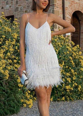 Fashion Sexy Pink V-Neck Tassel Sequin Feather Patchwork Suspender Dress 2